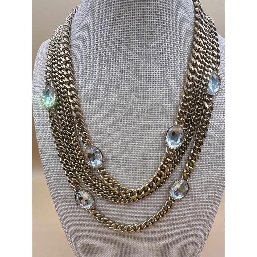 Gold Tone Multi Strand Curb Chain Rhinestone Statement Necklace Chunky Y2K Glam